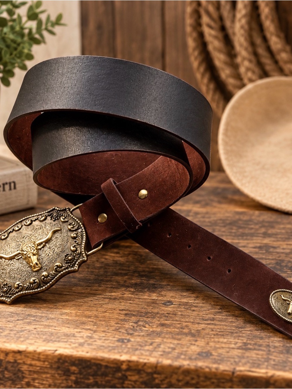 Western Cowboy Belt with Ornate Bull Buckle – Brown & Black